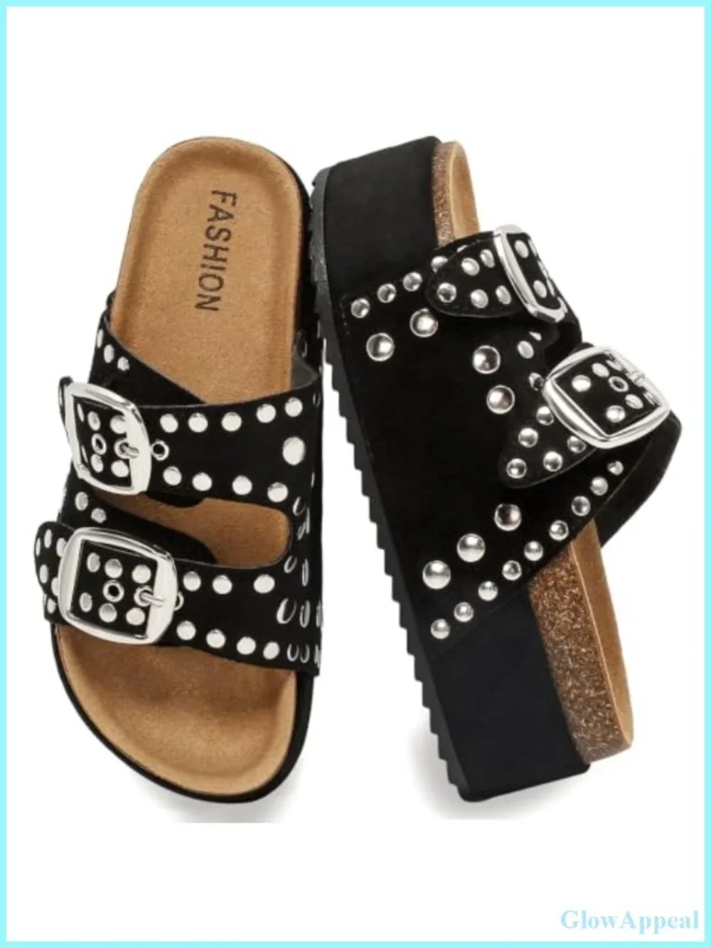Platform Sandals Suede Cork Footbed Studded Slides Double Buckle